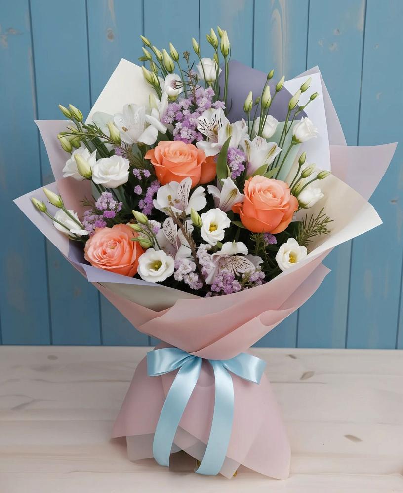 Букет цветов из: Лизиантусы, Розы, Альстромерии и Гипсофила в Железнодорожном Иркутской области