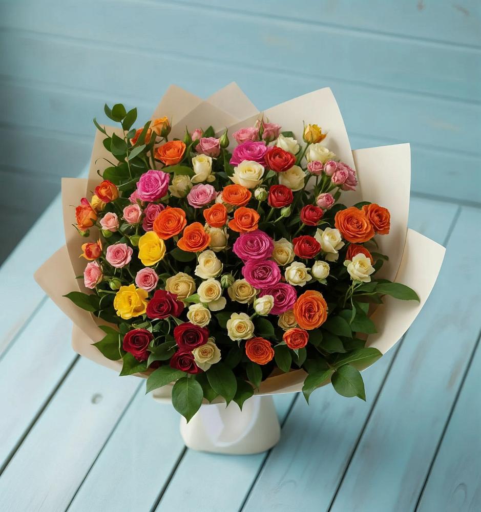 Букет Микс из разноцветных кустовых роз в Железнодорожном Иркутской области