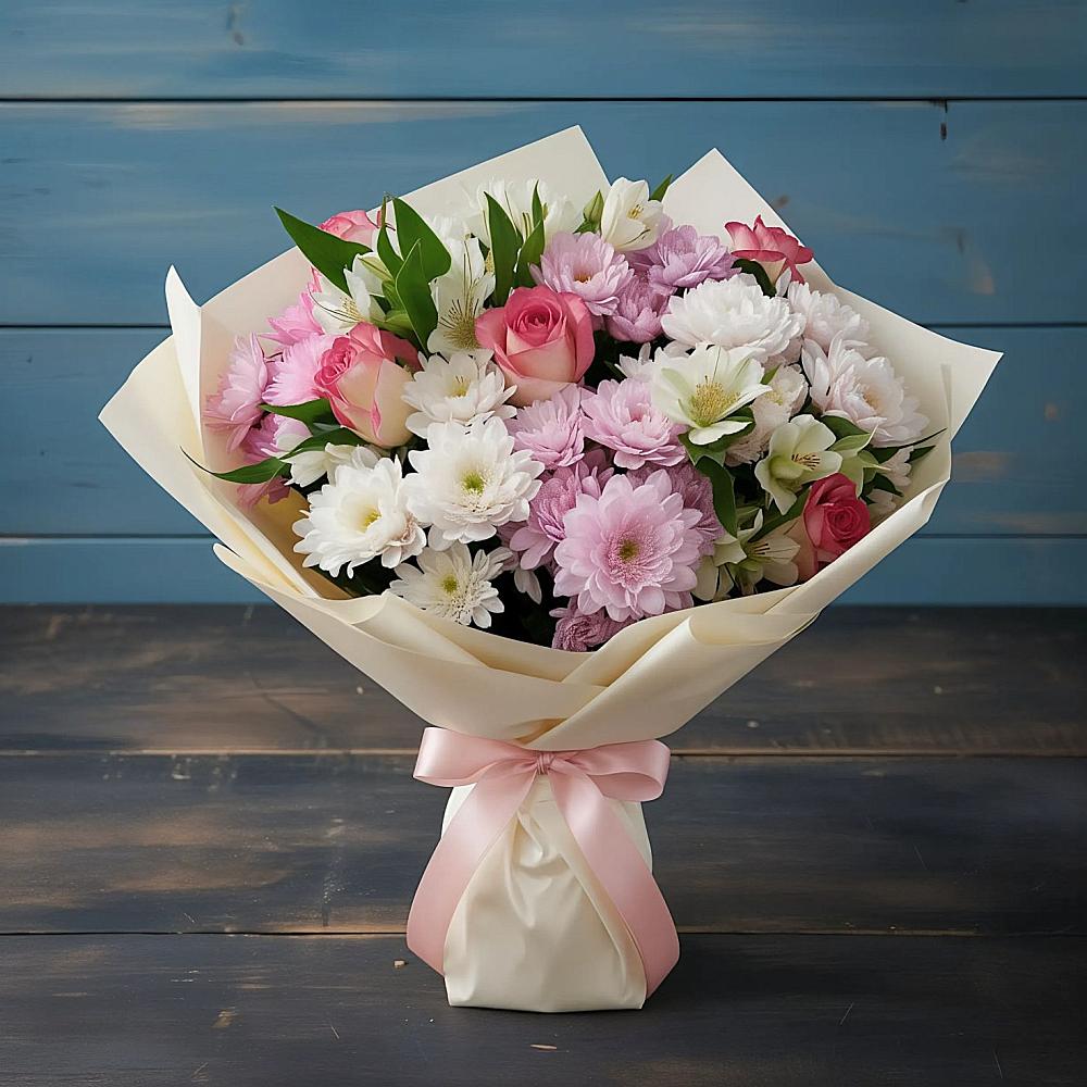 Букет цветов из: Хризантемы, Альстромерии и Розы в Железнодорожном Иркутской области